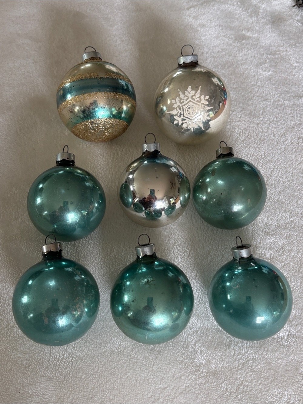 Vintage Glass Christmas Ornaments Teal Aqua Silver lot 8 USA